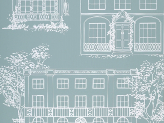 Hampstead - Penumbra is een behang met blauw/groene kleur en tekeningen van verschillende stijlen huizen in het wit
