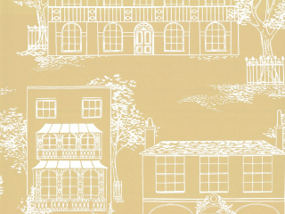 Geel behang Hampstead - Yellow Apple met tekeningen van witte landhuizen 