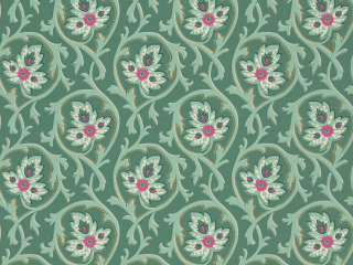 Behang met een groen/blauw kleur en een patroon van krullen en bloemen met kleine fel roze accenten Hoja - Pleat