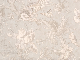 Beige behang met beige vogels en bloemen Crowe Hall Lane - Talcum van Little Greene