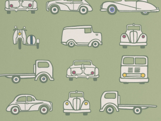 Groen Little Greene behang Road Trip Pea Green met een scooter, auto en vrachtwagen