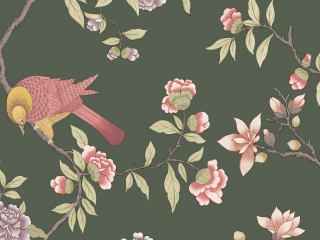 Little Greene Aderyn - Olive Colour behang met roze vogels en bloemen