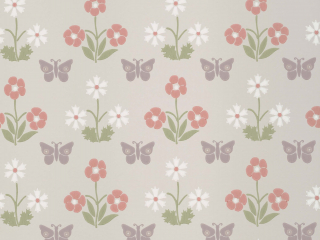 Beige behang met paarse vlinder en rode/roze bloemen Burges Butterfly - French Grey van Little Greene