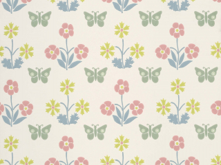 Beige behang Burges Butterfly - Slaked Lime met groene vlinders en kleurrijke bloemen van roze, geel en blauw