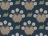 Donkerblauw behang met groene slakken met tussendoor bloemen met witte bladen en een roze hart Burges Snail - Dark Blue