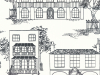Hampstead - Ink wit behang van Little Greene met daarop in het zwart verschillende stijlen huizen getekend