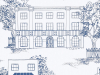 Wit/blauw behang Hampstead - Mid Blue met huizen die gekend zijn