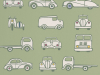 Groen Little Greene behang Road Trip Pea Green met een scooter, auto en vrachtwagen