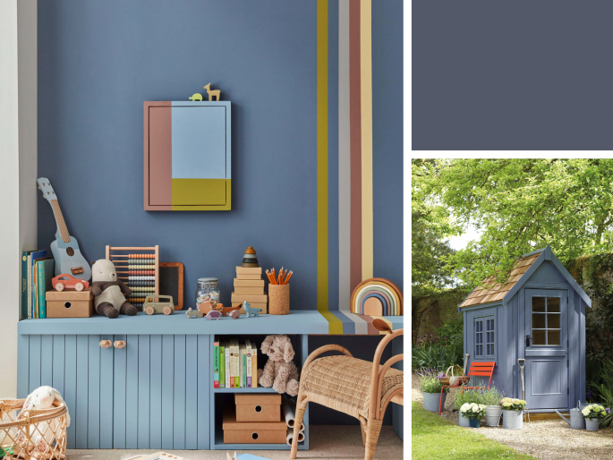 Little Greene - Juniper Ash 115 in een speelkamer en op een tuinhuisje toegepast