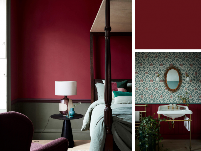Little Greene - Baked Cherry 14 boven een groene lambrisering in de slaapkamer