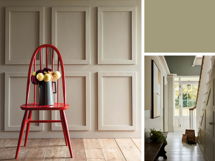 Little Greene - Portland Stone Dark 157 op de wand met platte sierlijsten en een rode stoel