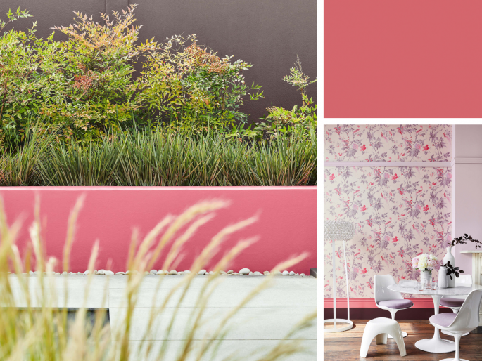 Little Greene - Carmine 189 op een lage tuinmuur