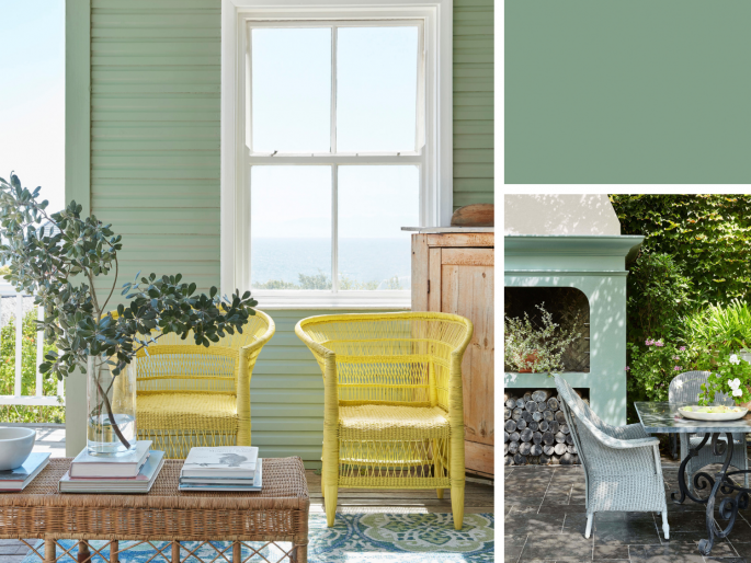 Little Greene - Aquamarine Deep 198 op een houten wand in een buitenverblijf