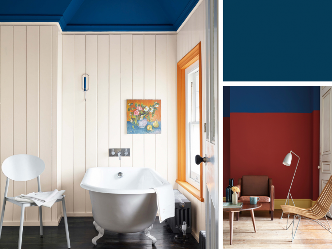 Little Greene - Deep Space Blue 207 op het plafond in de badkamer