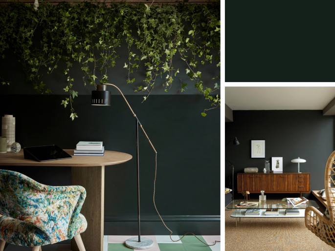 Little Greene - Obsidian Green 216 geschilderd op de plint en wand