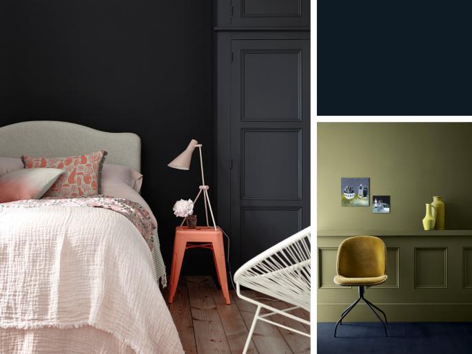 Little Greene - Basalt 221 in een slaapkamer op de wand