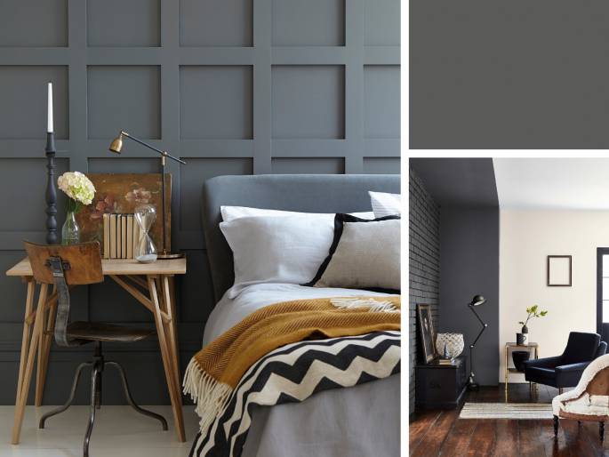 Little Greene - Scree 227 op een wand met sierlijsten in vierkante kaders