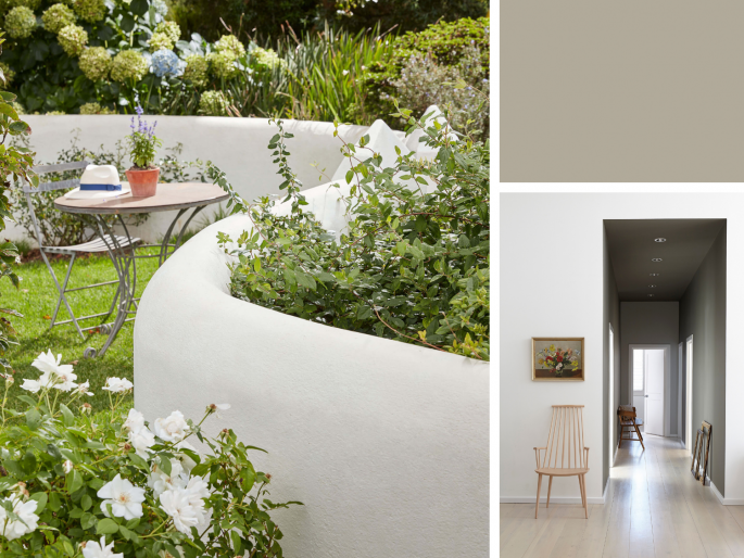 Little Greene - Cool Arbour 232 geschilderd op muurtje in de tuin