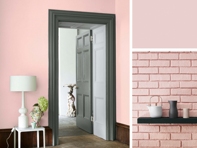 Little Greene - Confetti 274 op de wand in combinatie met hout en grijze architraven