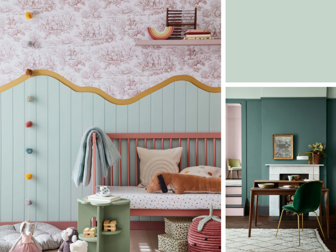 Little Greene - Aquamarine Mid 284 op houten lambrisering