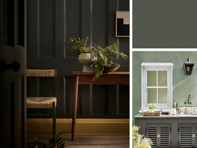 Little Greene - Pompeian Ash 293 op een lambrisering met een gele plint eronder