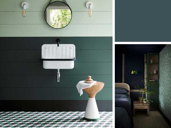 Little Greene - Three Farm Green 306 op een houtenwand van planken in de een badkamer