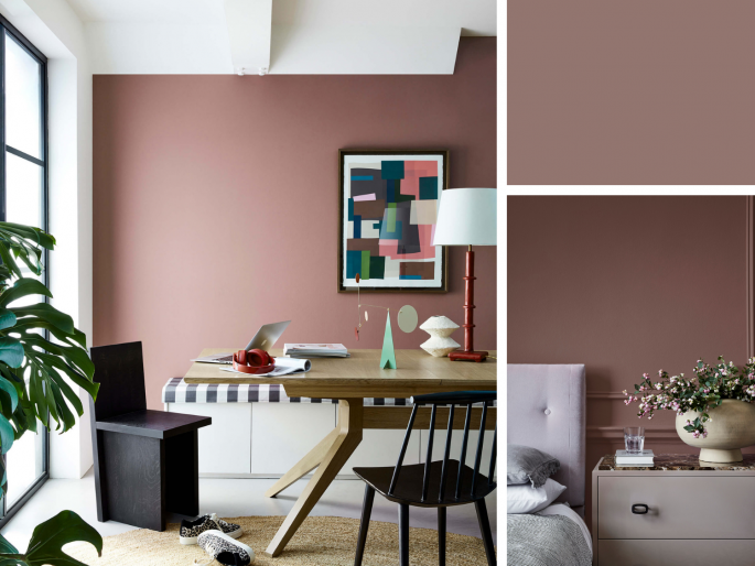 Little Greene - Nether Red 315 in lichte woonkamer en wand met wandlijsten