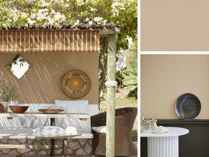 Little Greene - Lute 317 op tuinmuur in sfeervolle tuin