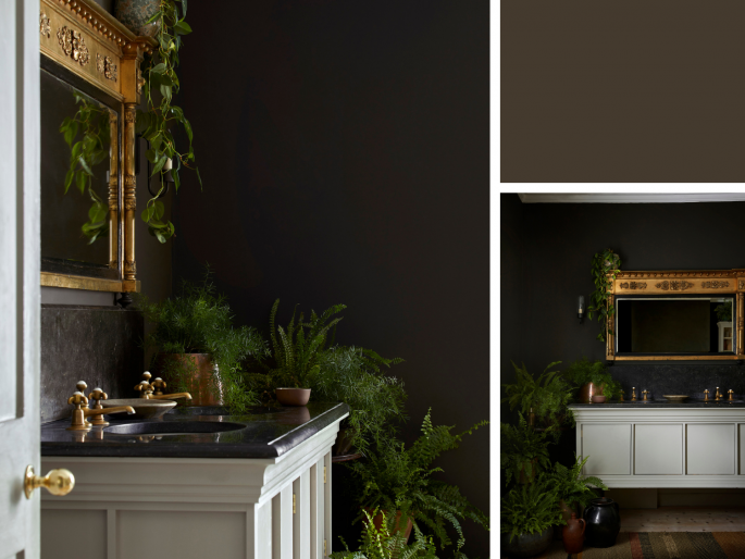 Little Greene - Elysian Ground 320 op de wand in luxe badkamer