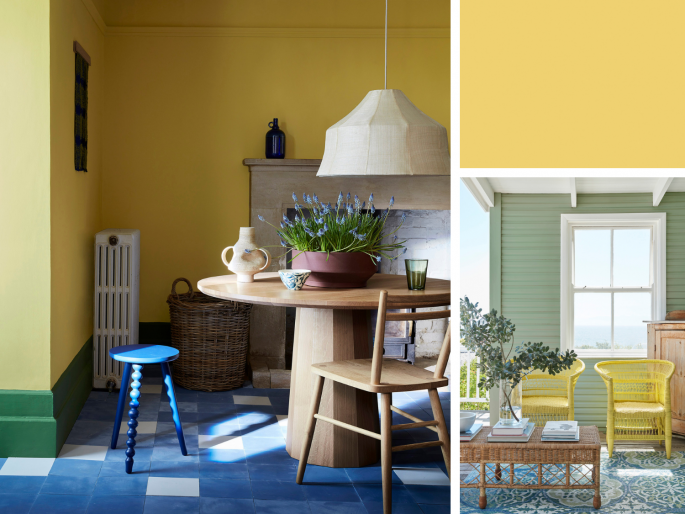 Little Greene - Indian Yellow 335 op tuinmeubels en binnenmuur