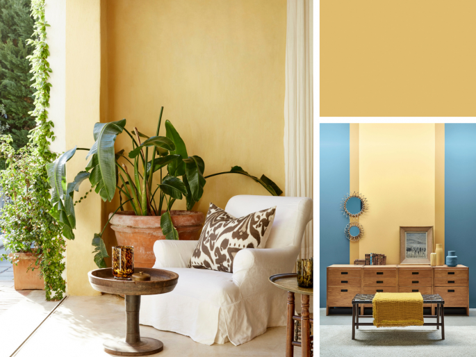 Little Greene - Light Gold 53 op de muur met meubels ervoor