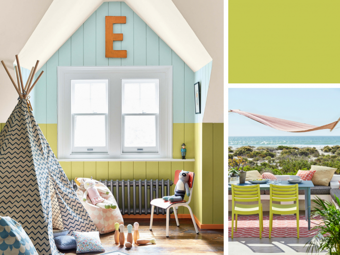 Little Greene - Pale Lime 70 sfeerfoto's gecombineerd met blauwe tinten
