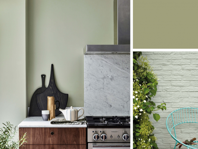Little Greene - Normandy Grey 79 toegepast in de keuken boven de spatrand