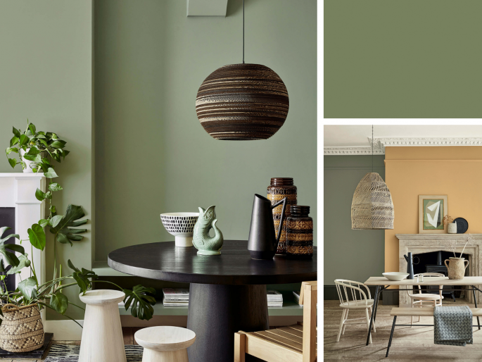 Little Greene - Sage Green 80 op de muren in de woonkamer met kroonlijsten