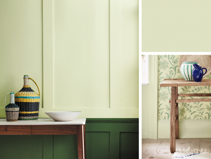 Little Greene - Acorn 87 op een wand met grote moderne sierlijsten 