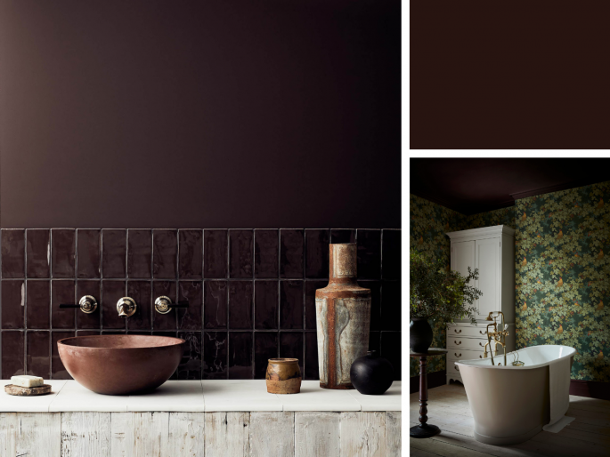 Little Greene - Purple Brown 8 op de wand in de keuken en op het plafond in de badkamer 