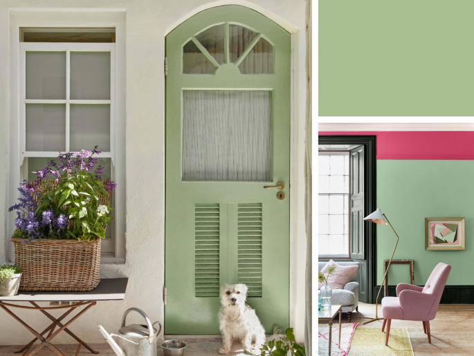 Little Greene - Pea Green 91 op een deur en wand geschilderd