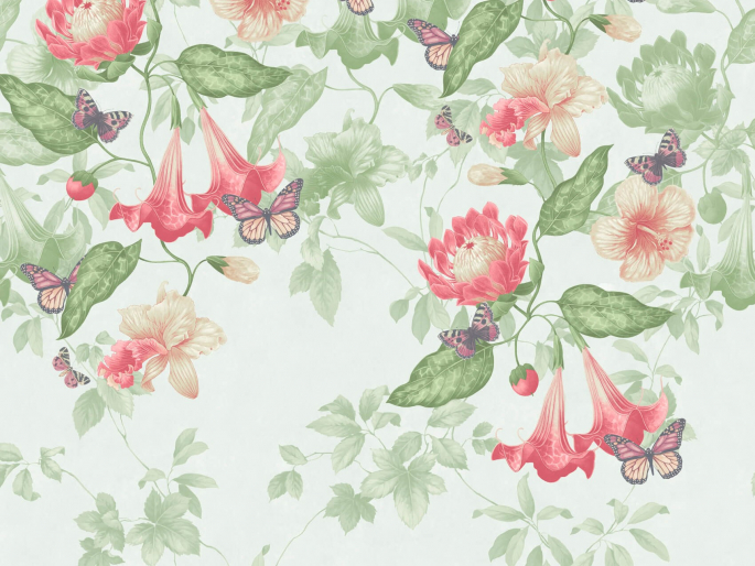 Groen behang Asterid - Mint van Little Greene met roze bloemen