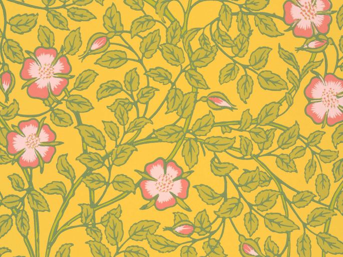 Geel behang met roze bloemen Briar Rose - Indian Yellow Little Greene