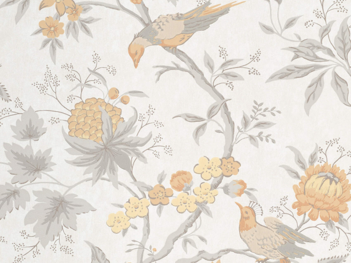 Little Greene Brooke House - Cinder behang met grijze vogels en oranje bloemen 