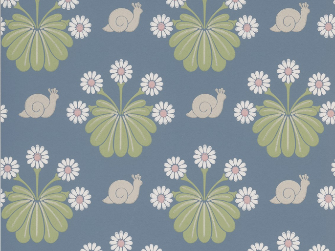 Burges Snail - Juniper diep blauw behang met dieren en bloemen van Little Greene 