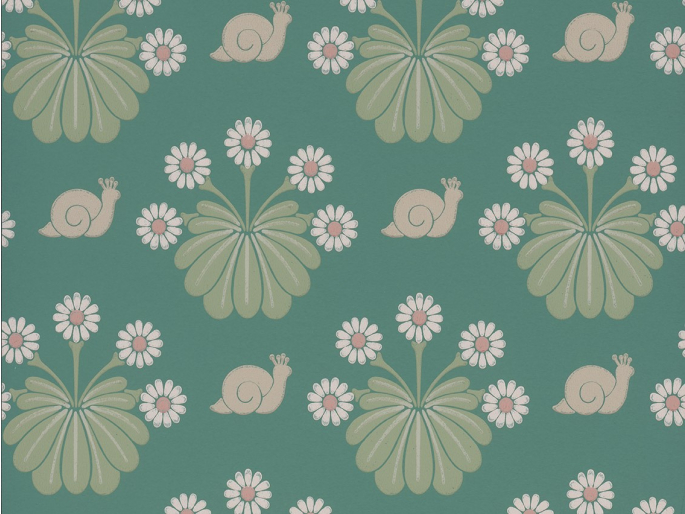 Baluw/groen behang Burges Snail - Ocean van Little Greene met lichtroze bloemen