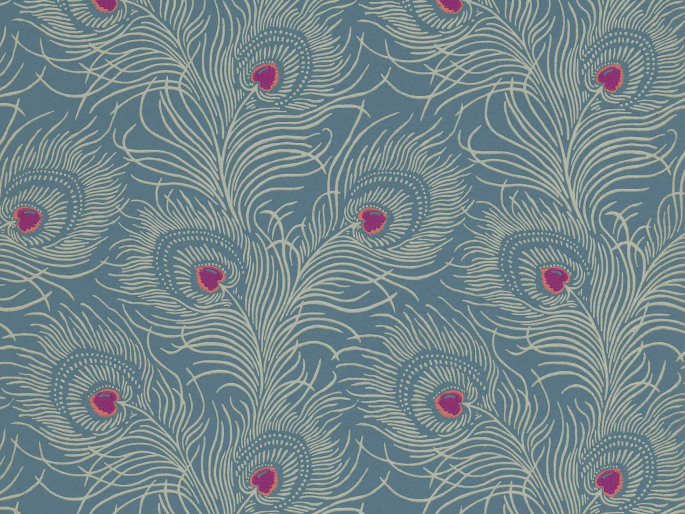 Diep blauw behang met pauwveren en roze details Carlton House Terrace - Blue Plume