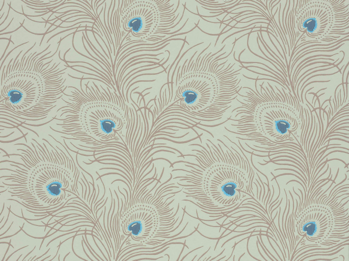 Carlton House Terrace - Copper behang met beige pauwveren en blauwe accenten