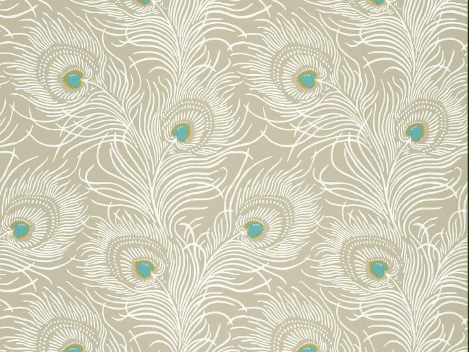 Little Greene Carlton House Terrace - Pompon behang met turquoise accenten en witte pauwveren