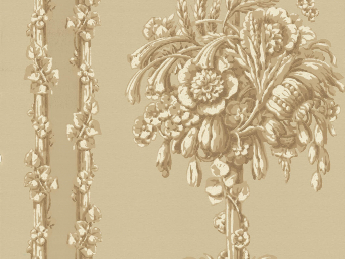 Little Greene Chelsea Bridge - Halcyon een geel/bruin behang dat rijkelijk is versierd met bloemen en bladeren