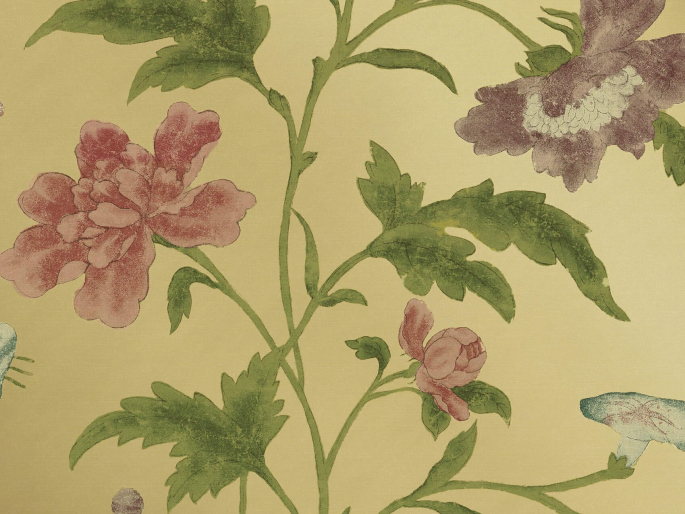 Little Greene bloemenbehang met grote roze en paarse bloemen China Rose - Emerald Lustre
