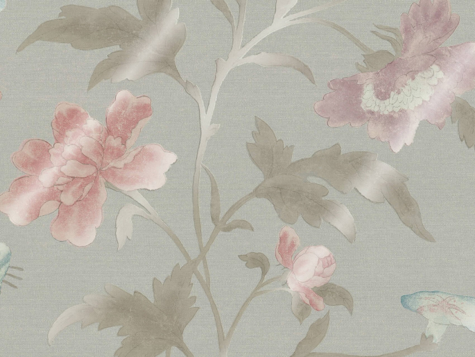 Little Greene behang met grote gekleurde bloemen Chine Rose - French Grey Lustre