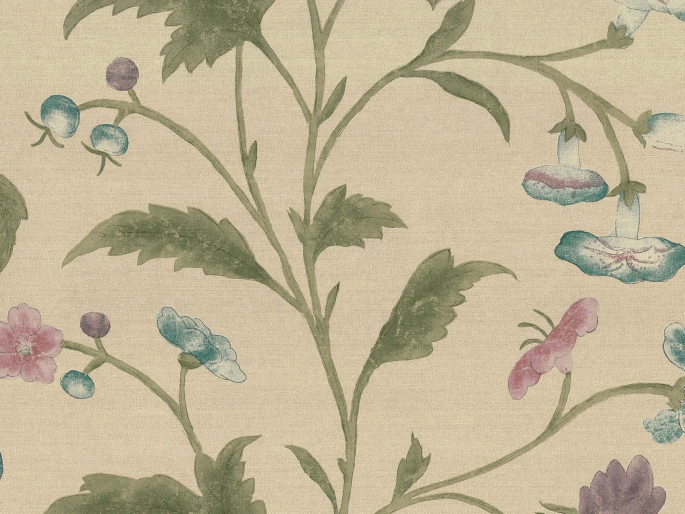 China Rose - Sage behang met grote bloemen en bladeren van Little Greene