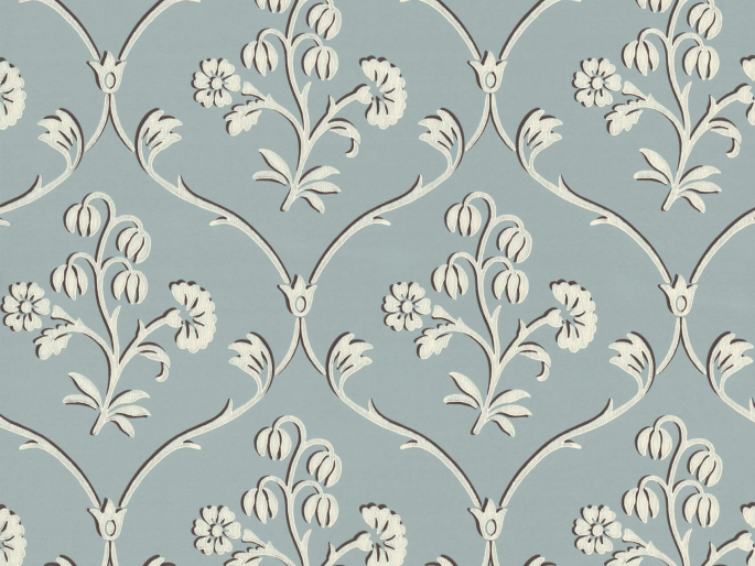 Blauw behang met beige krullen en bloemen Cranford - Sky Blue van Little Greene